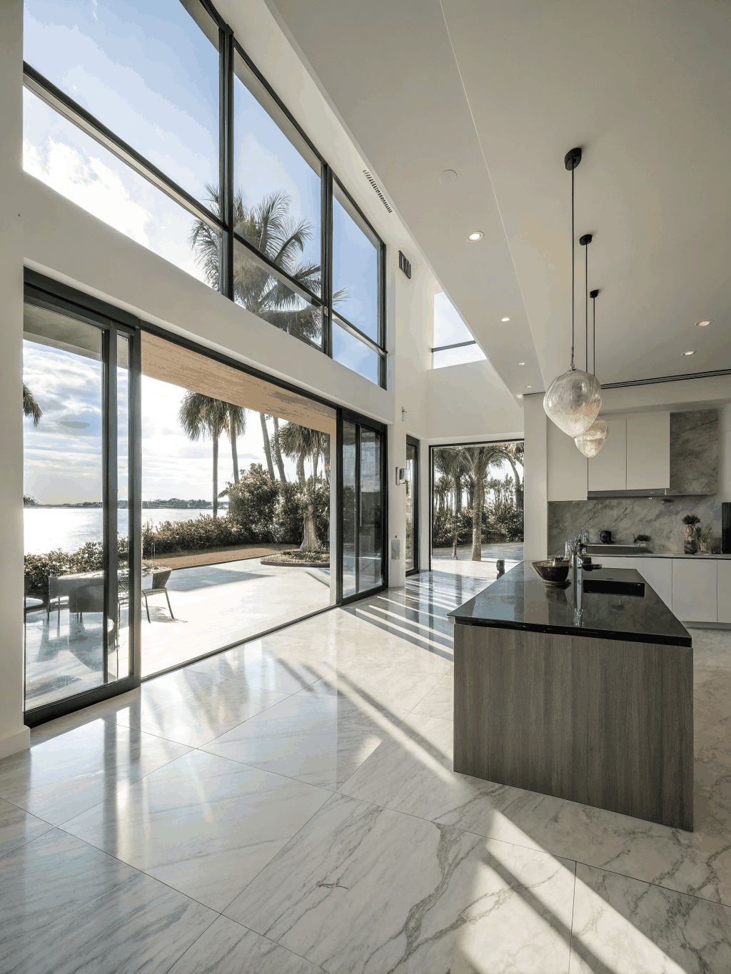 Installed floor-to-ceiling hurricane impact windows overlooking a South Florida patio