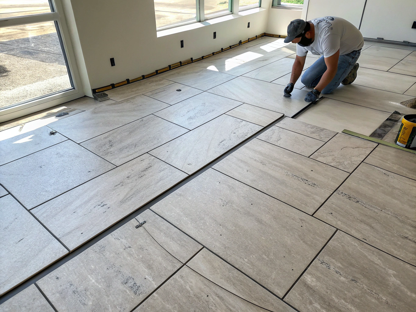 Newly installed large format porcelain tile flooring with clean architectural window framing